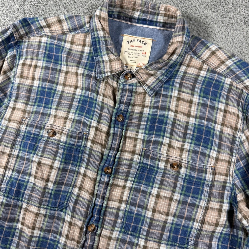Fat Face Flannel Shirt Mens Large Blue Plaid Long Sleeve Chest Pockets Workwear